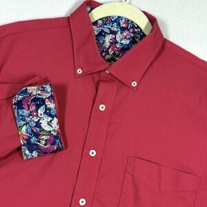 Alan Flusser Shirt Mens XL Red Floral Trim Flip Cuff Button Down‎ Long Sleeve